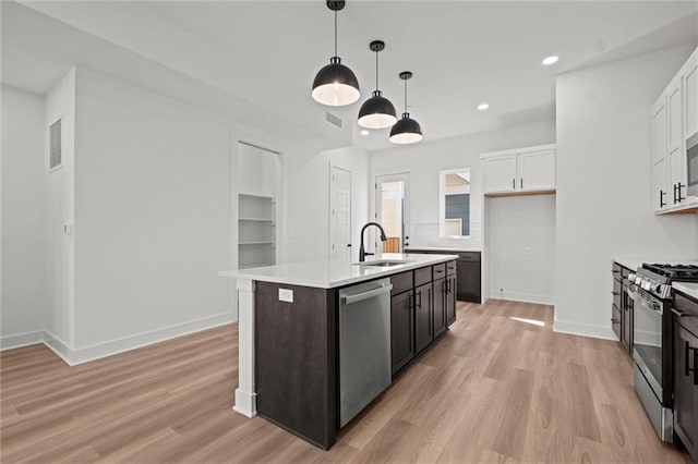 kitchen featuring light hardwood / wood-style floors, white cabinetry, appliances with stainless steel finishes, an island with sink, and hanging light fixtures