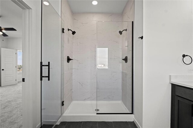 458 SW Brummel Rd, Lees Summit, MO 64081 - bathroom featuring a stall shower, vanity, ceiling fan, baseboards, and recessed lighting