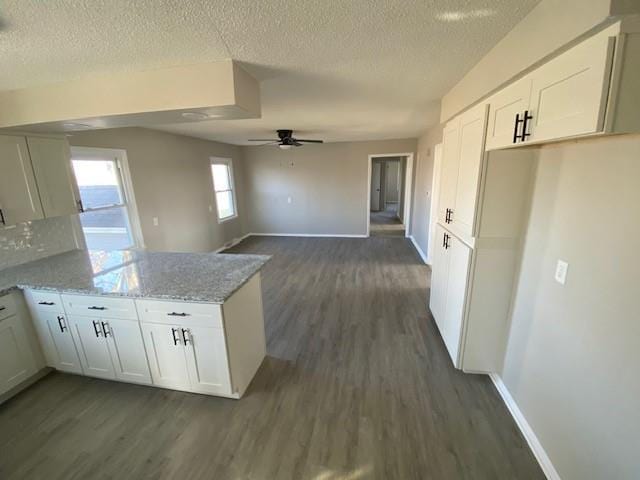 kitchen featuring light stone counters, white cabinets, ceiling fan, and dark hardwood / wood-style floors