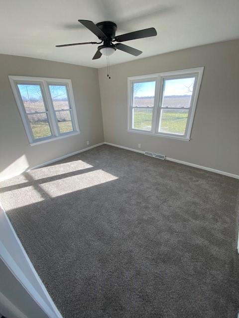 unfurnished room featuring ceiling fan, a healthy amount of sunlight, and carpet flooring