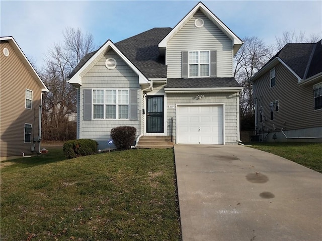 traditional home featuring an attached garage, a front yard, concrete driveway, and roof with shingles