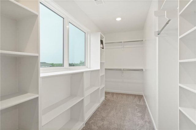 walk in closet featuring light carpet