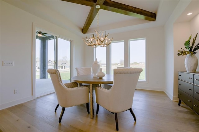 dining room with beamed ceiling, ceiling fan with notable chandelier, and light wood-type flooring