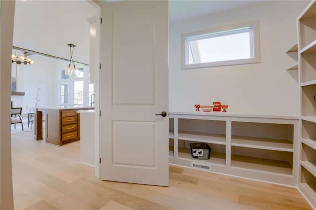 spacious closet with light hardwood / wood-style flooring and a chandelier