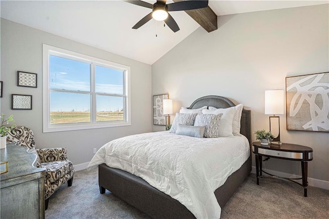 bedroom featuring lofted ceiling with beams, ceiling fan, and carpet flooring