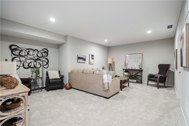 living room with light colored carpet