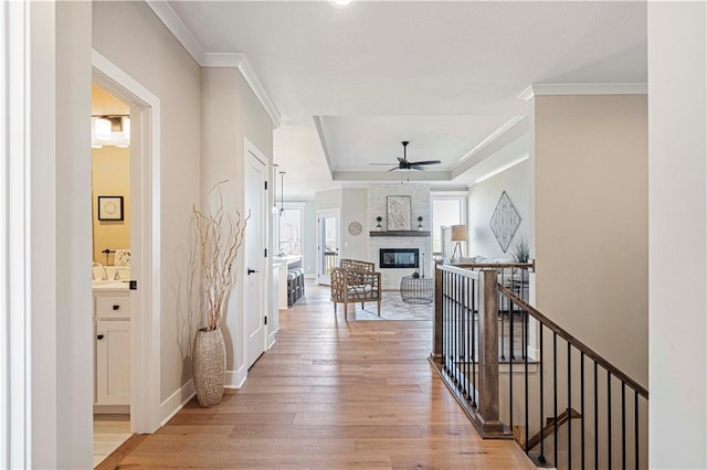 corridor with light hardwood / wood-style flooring and ornamental molding