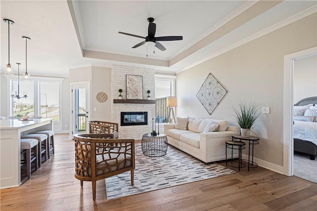 living room with ornamental molding, hardwood / wood-style floors, a fireplace, and a tray ceiling