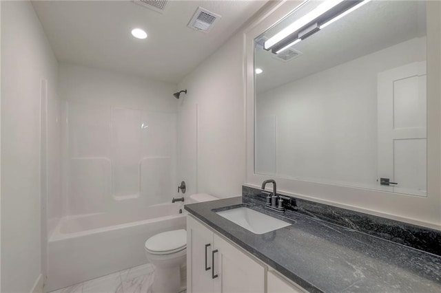 full bathroom featuring shower / tub combination, toilet, and vanity