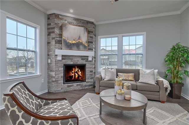 living room featuring ornamental molding, dark wood-type flooring, and a fireplace