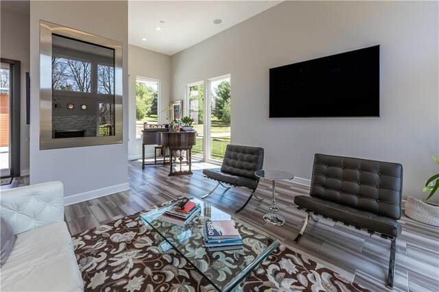 living room with dark wood-type flooring