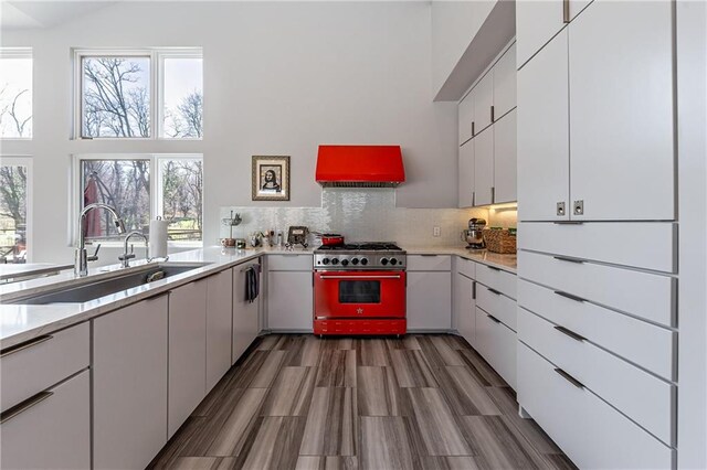 kitchen with premium range hood, a healthy amount of sunlight, tasteful backsplash, and high end stove