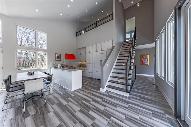 kitchen featuring high vaulted ceiling and sink