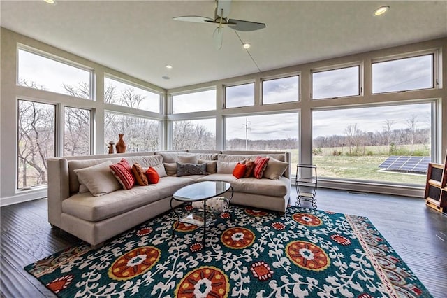 living room featuring ceiling fan and dark hardwood / wood-style flooring