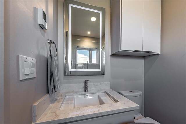 bathroom featuring vanity with extensive cabinet space and toilet