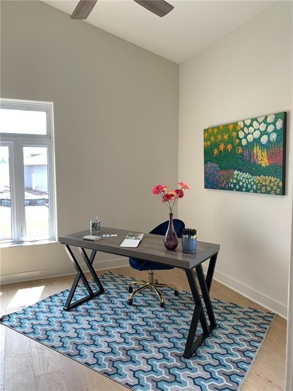 office space with wood-type flooring and ceiling fan