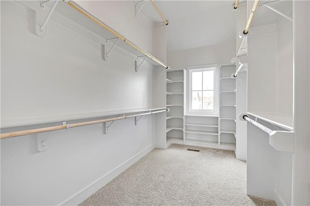 spacious closet with light colored carpet and visible vents