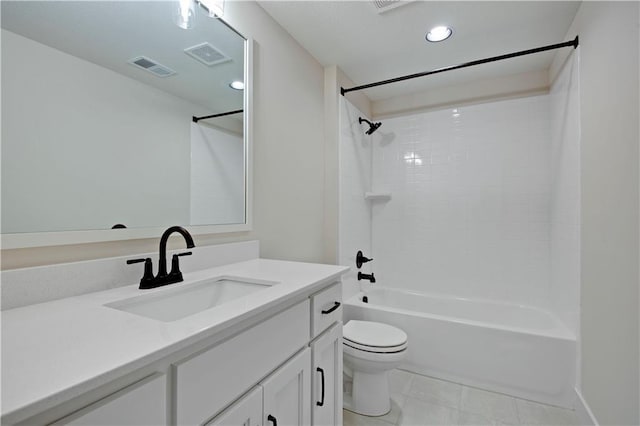 bathroom with toilet, shower / bath combination, visible vents, and recessed lighting