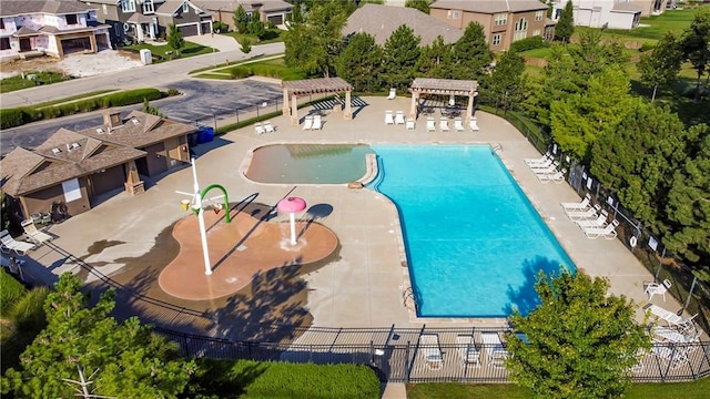 view of pool featuring a pergola and a patio