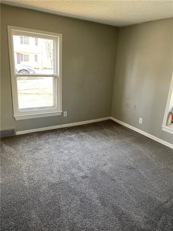 unfurnished room with a textured ceiling, carpet floors, and a healthy amount of sunlight