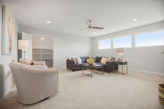 8009 Millridge St, Shawnee, KS 66220 - living room with ceiling fan, light carpet, and recessed lighting