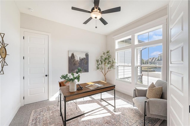 office with light colored carpet and ceiling fan