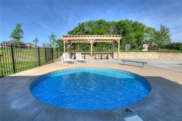 view of pool with a fenced in pool, a patio, playground community, fence, and a pergola