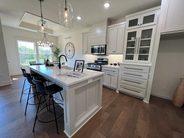 kitchen with appliances with stainless steel finishes, an island with sink, white cabinetry, hanging light fixtures, and a tray ceiling