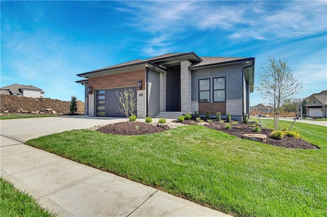17433 Gillette St, Overland Park, KS 66221 - view of front of home featuring stone siding, driveway, a front lawn, and a garage