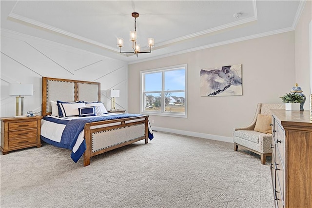 17421 Gillette St, Overland Park, KS 66221 - bedroom with crown molding, a chandelier, carpet flooring, baseboards, and a tray ceiling