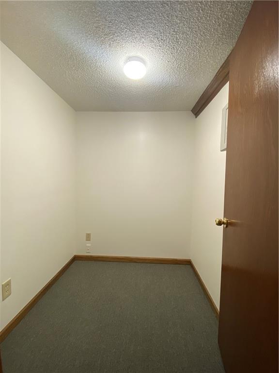 carpeted spare room featuring a textured ceiling and baseboards