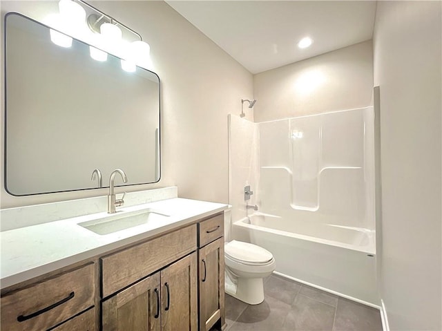 full bathroom featuring toilet, shower / bath combination, tile patterned floors, and vanity