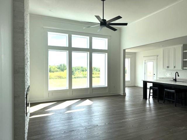 29613 W 196th St, Gardner, KS 66030 - unfurnished living room with dark wood-type flooring, baseboards, a ceiling fan, and a sink