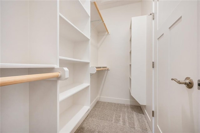 walk in closet featuring light colored carpet