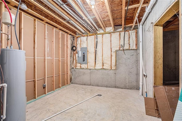 basement with water heater and electric panel