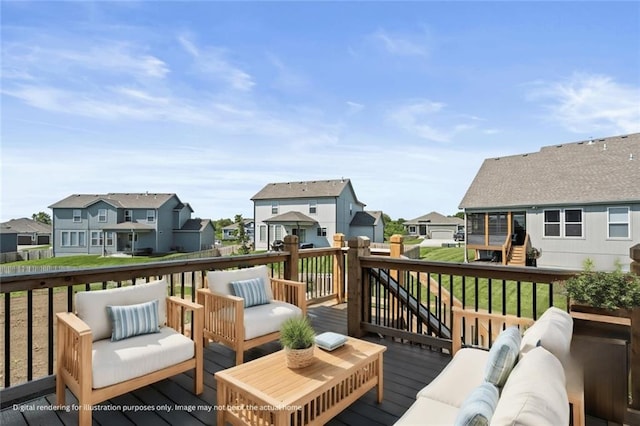 wooden deck featuring an outdoor living space and a yard