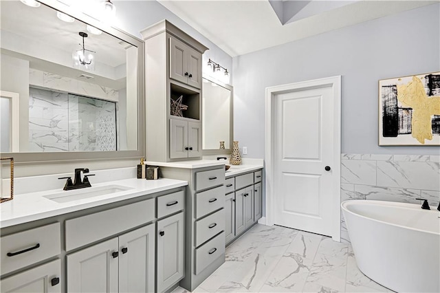 bathroom featuring vanity, tile walls, and plus walk in shower