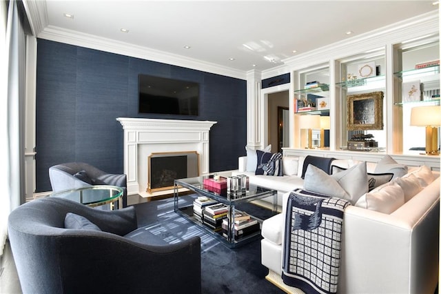 living room featuring crown molding and carpet floors