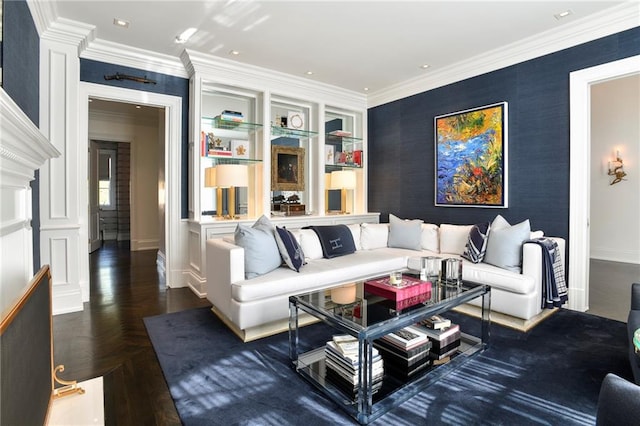 living room featuring crown molding and parquet flooring