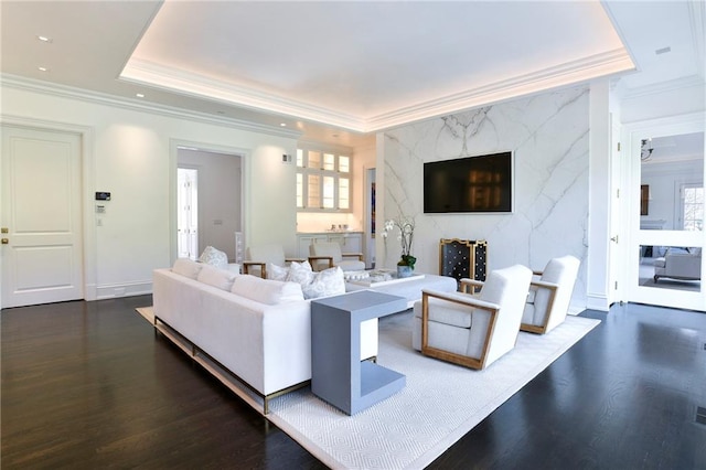 living room with dark wood-type flooring, a premium fireplace, a raised ceiling, and ornamental molding