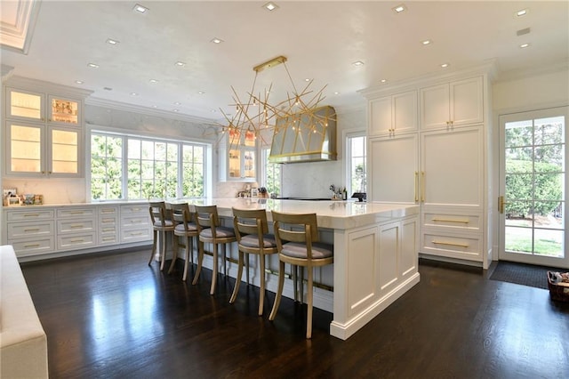 kitchen featuring a large island, a wealth of natural light, and dark hardwood / wood-style flooring