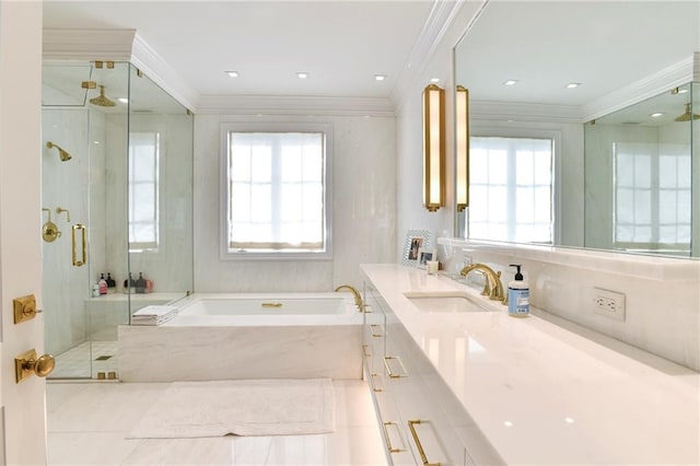 bathroom featuring plus walk in shower, tile patterned floors, ornamental molding, and vanity