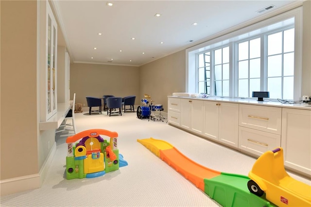 recreation room with crown molding and carpet flooring