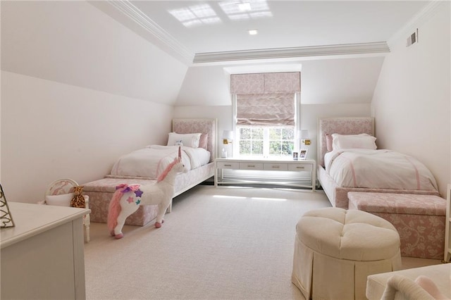 bedroom featuring lofted ceiling, carpet flooring, and crown molding