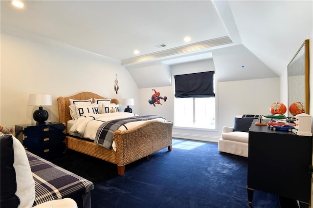 carpeted bedroom featuring crown molding and vaulted ceiling