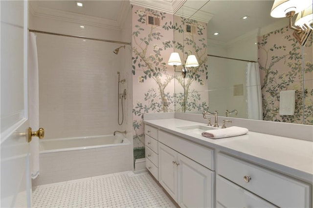 bathroom featuring tile patterned floors, shower / bathtub combination with curtain, ornamental molding, and vanity