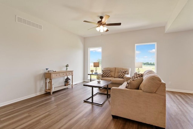 10298 Lucca Ln, Peculiar, MO 64078 - living room with a ceiling fan, wood finished floors, and baseboards