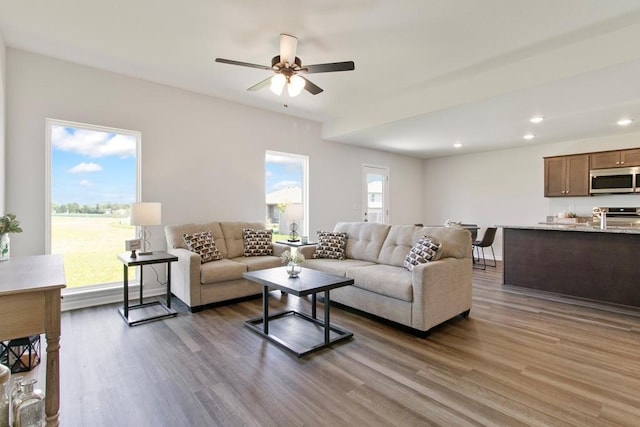 10298 Lucca Ln, Peculiar, MO 64078 - living room featuring a ceiling fan, wood finished floors, and recessed lighting