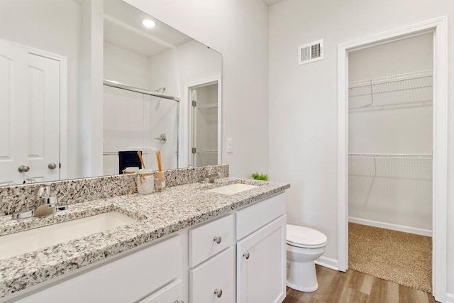 10298 Lucca Ln, Peculiar, MO 64078 - full bathroom featuring toilet, wood finished floors, a shower stall, double vanity, and a walk in closet
