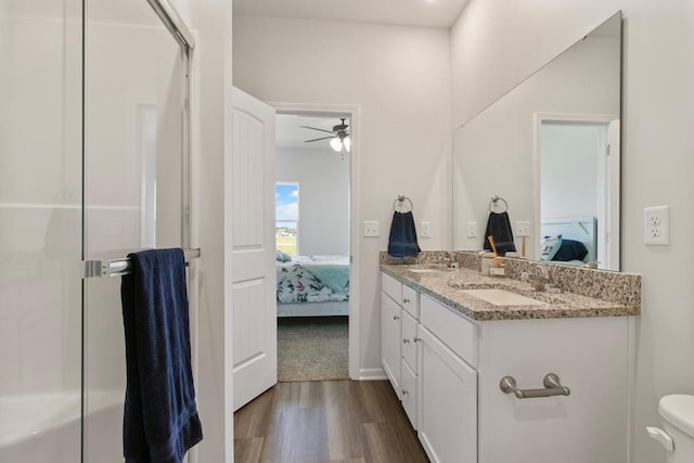 10298 Lucca Ln, Peculiar, MO 64078 - ensuite bathroom with wood finished floors, vanity, a ceiling fan, toilet, and an enclosed shower